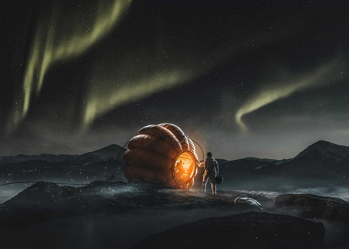 Astronaut at a Glowing Pumpkin Shelter