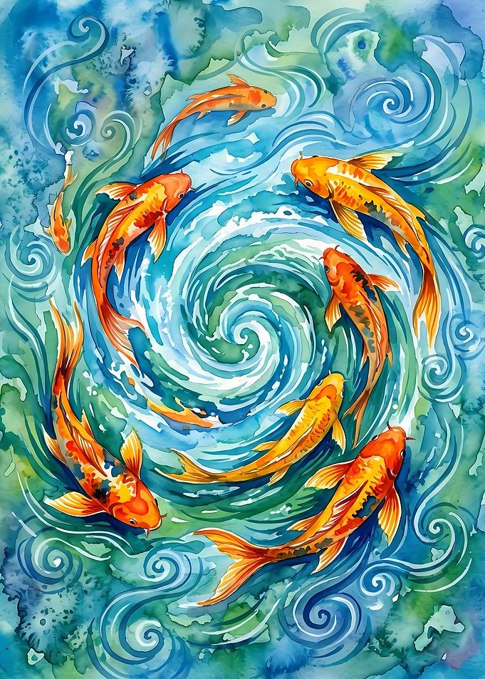 Watercolor Koi Fish Swirling Pond