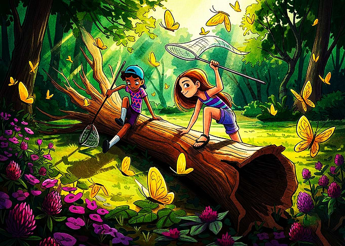 Children Catching Butterflies in Forest