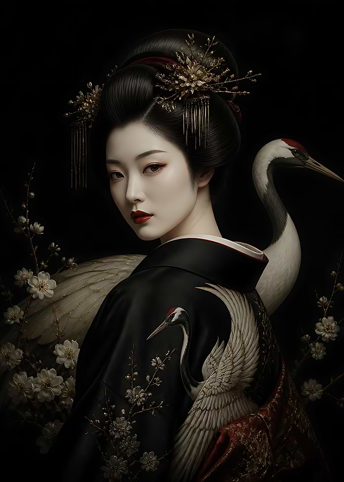 Elegant Geisha with Crane and Blossoms