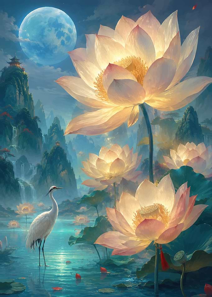 Ethereal Lotus Pond with Crane