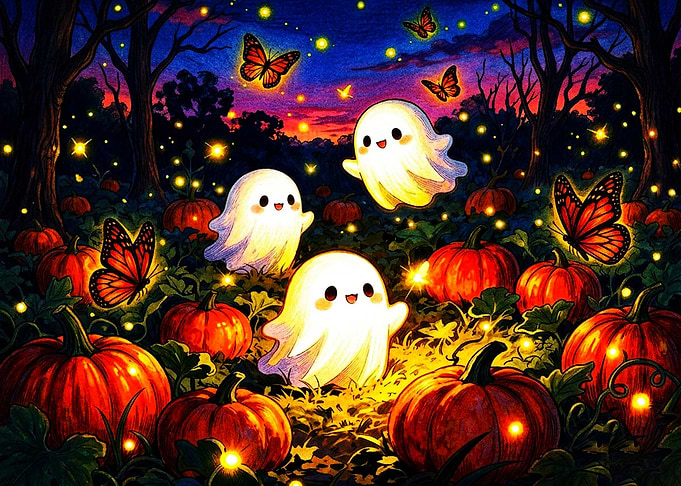 Cute Ghosts in Pumpkin Patch