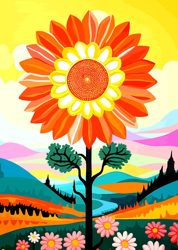 Vibrant Stylized Sunflower Landscape Illustration