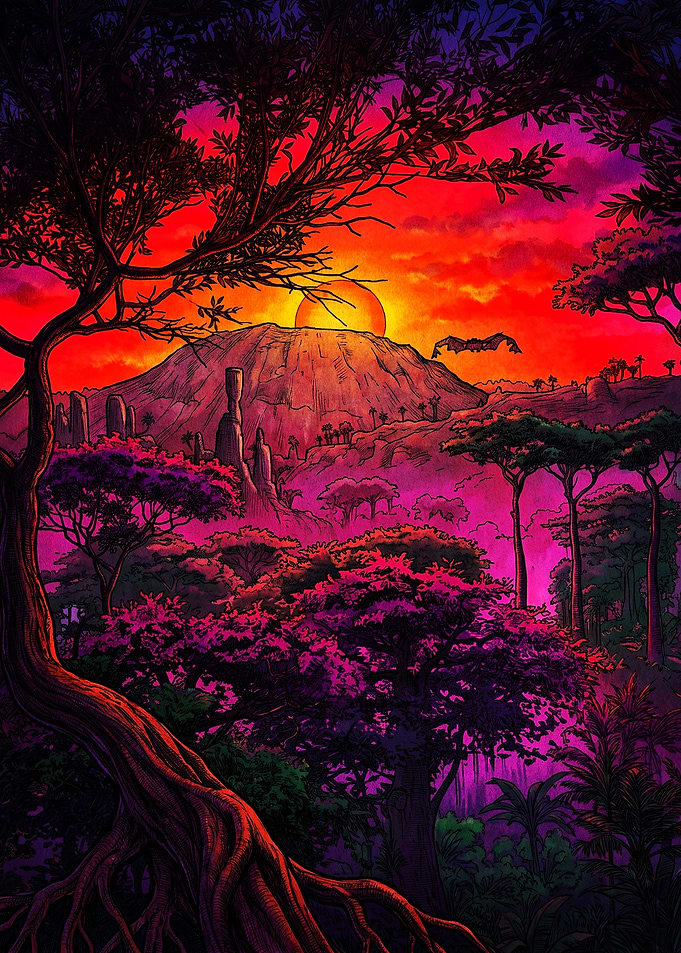 Vibrant Neon Sunset Jungle Landscape