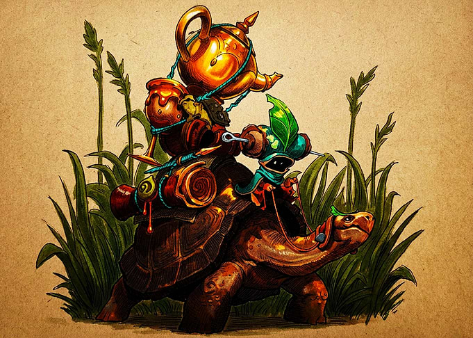 Fantasy Turtle Traveler with Teapot