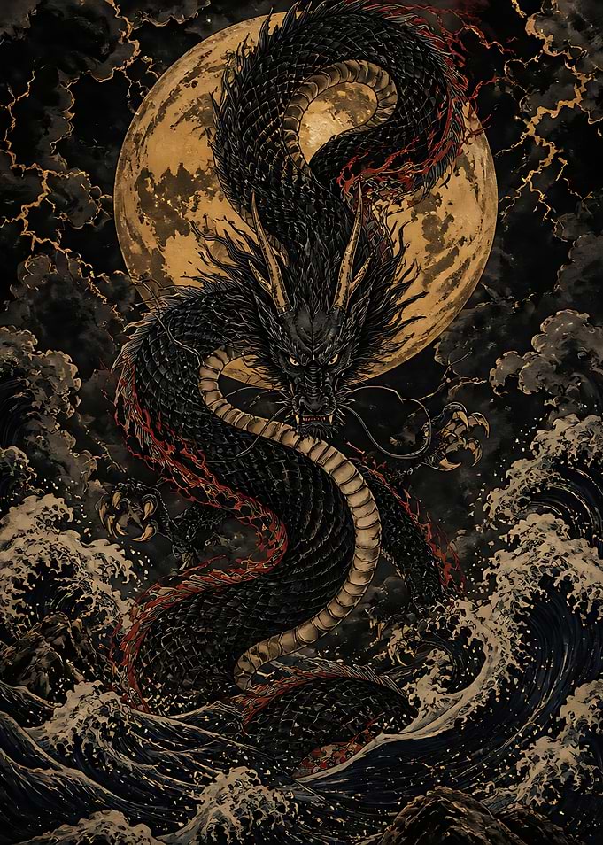 Majestic Black Dragon Over Stormy Sea