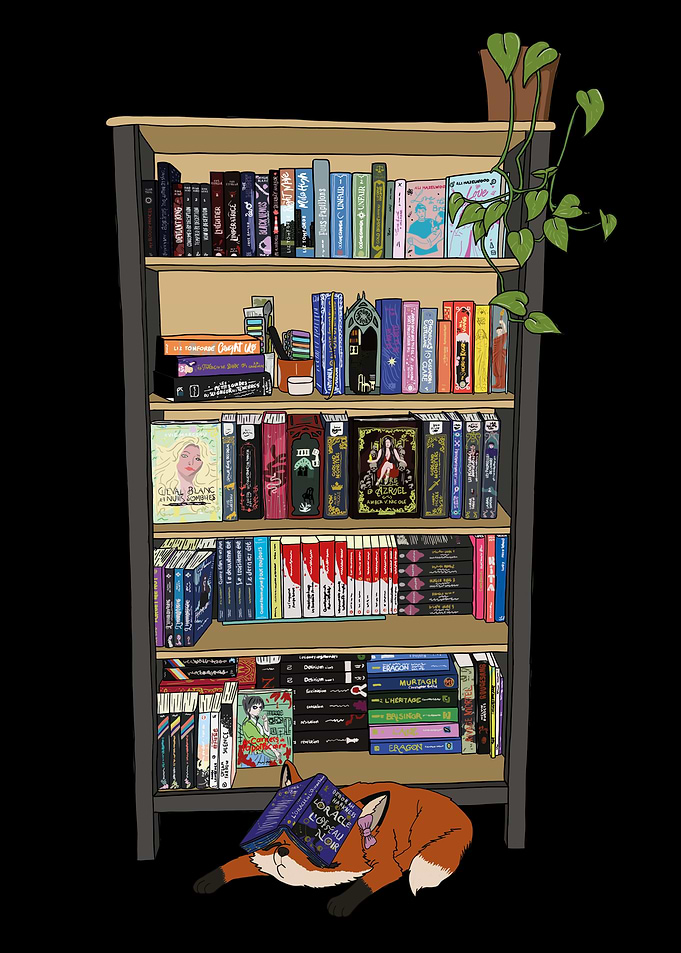 Cozy Bookshelf with Sleeping Fox