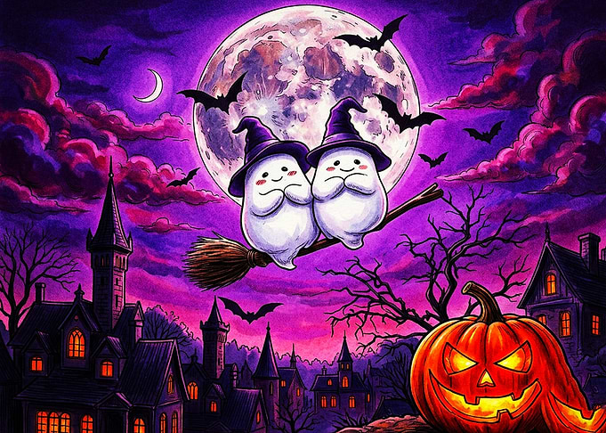 Cute Ghosts Flying on Broomstick