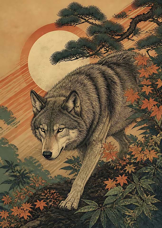 Wolf in Japanese Ukiyo-e Style