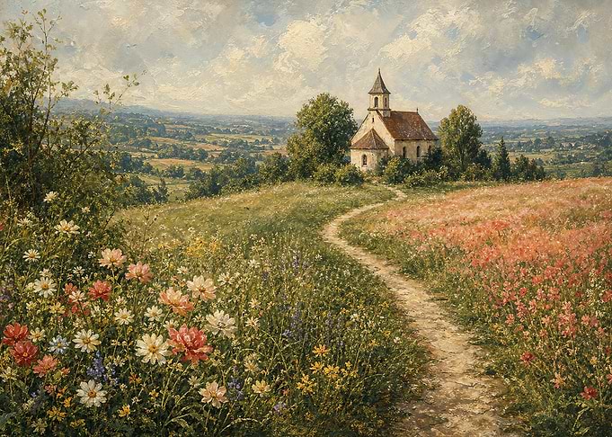 Vintage Country Landscape Wildflower Art Painting