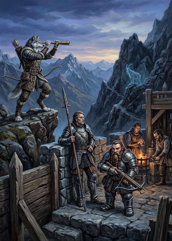 Fantasy Adventurers Guarding Mountain Pass