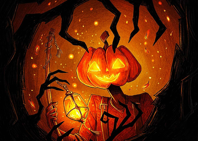 Jack-o'-lantern character with glowing lantern