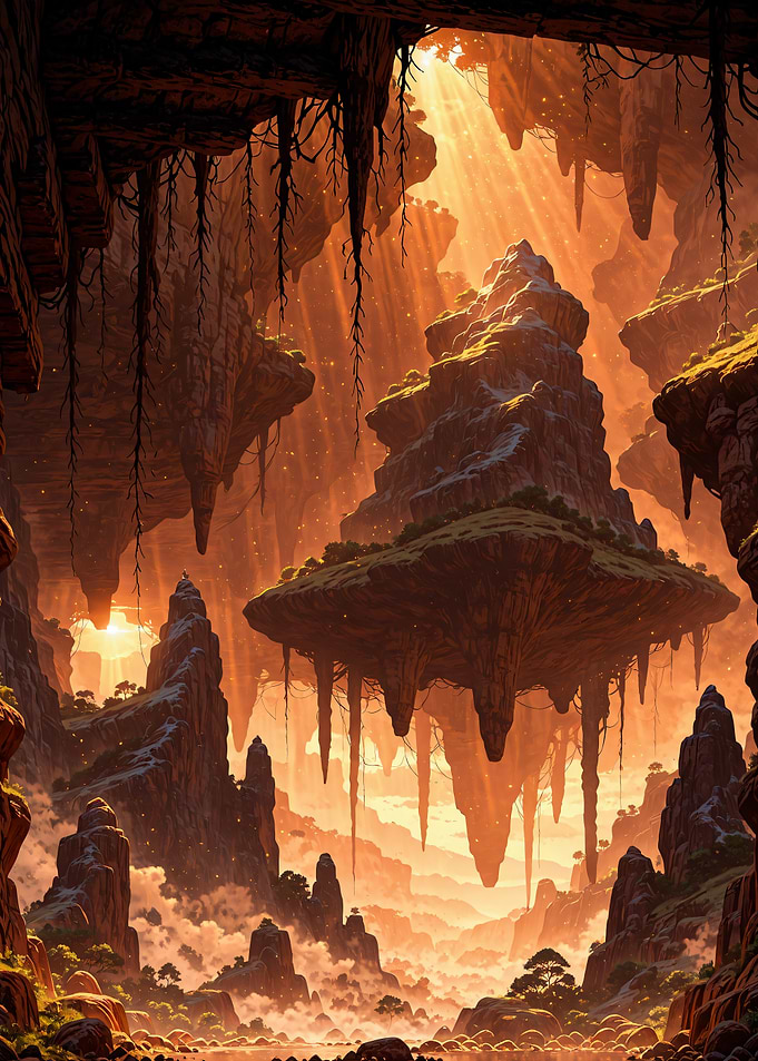 Floating Islands in Golden Sunset Landscape