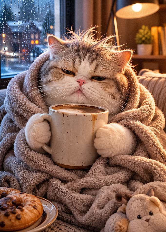 Cozy Cat Holding a Coffee Mug