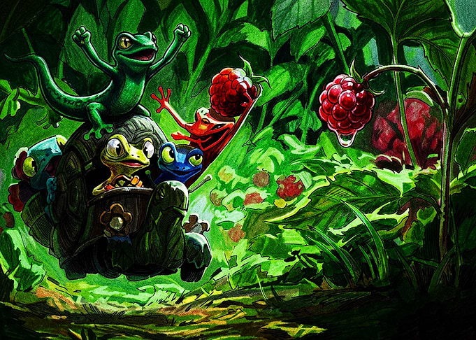 Lizards Riding a Turtle to Raspberries