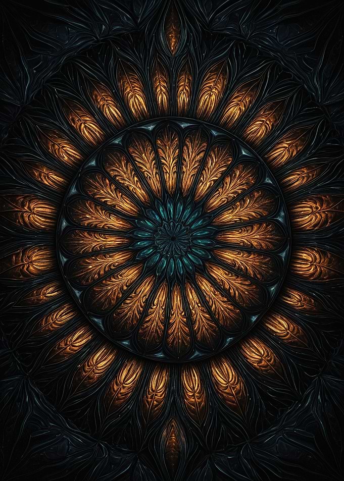 Ornate Golden Mandala — Fractal Rose Window Sunburst