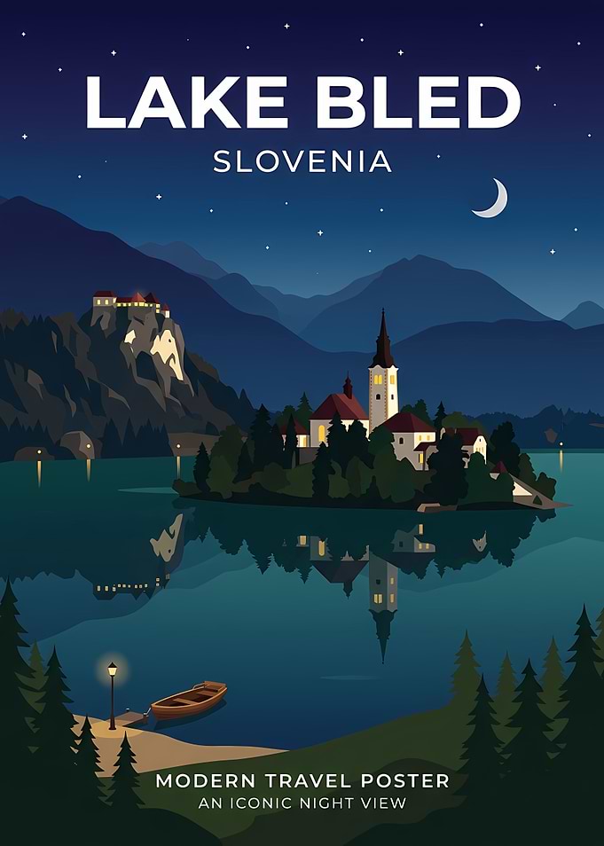 Lake Bled Slovenia Night Travel Poster