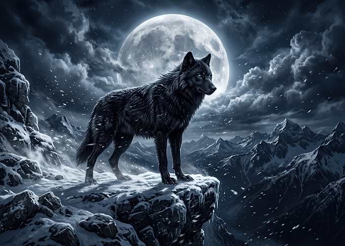Black Wolf Under Full Moon