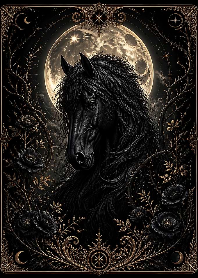 Mystical Black Horse Under Full Moon