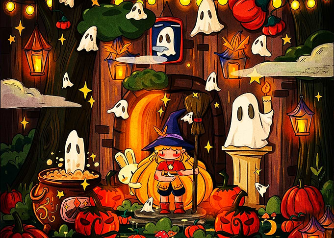 Cute Witch and Ghosts Halloween Scene
