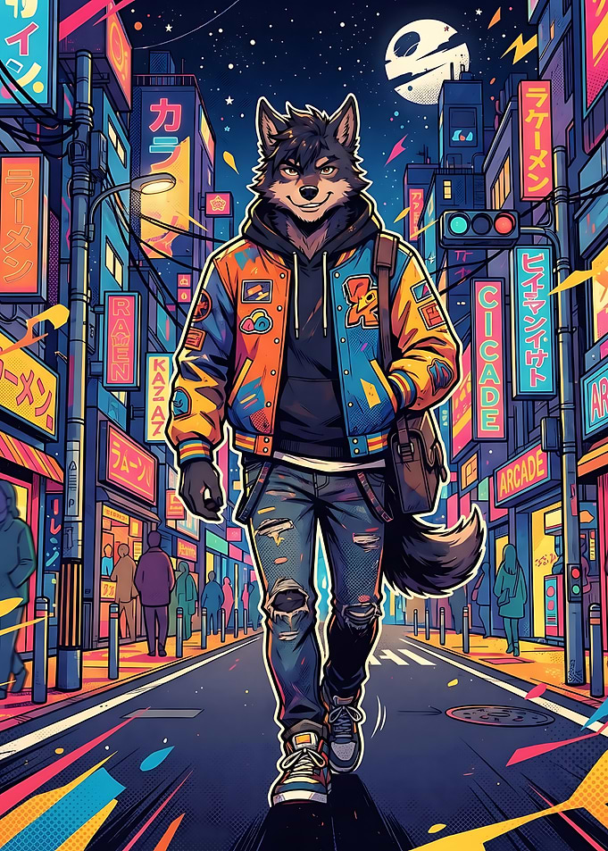 Cyberpunk Wolf Character in Neon City