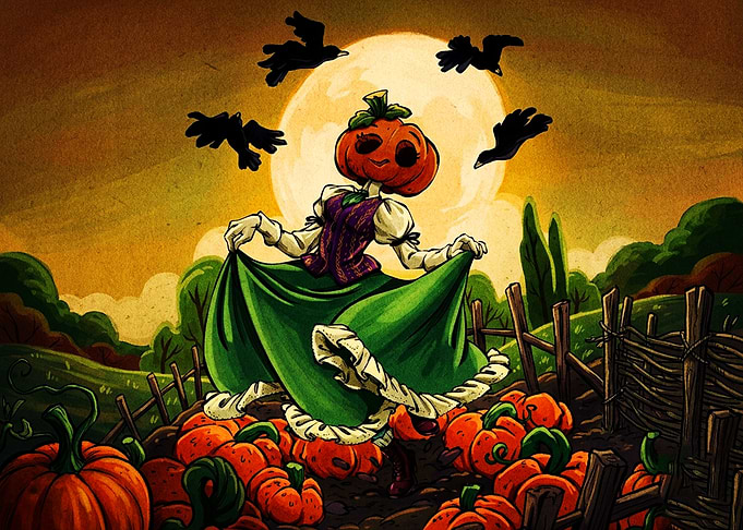 Pumpkin Head Lady in Autumn Field