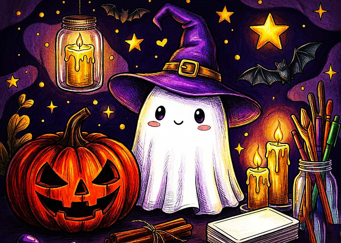 Cute Ghost Witch Halloween Illustration