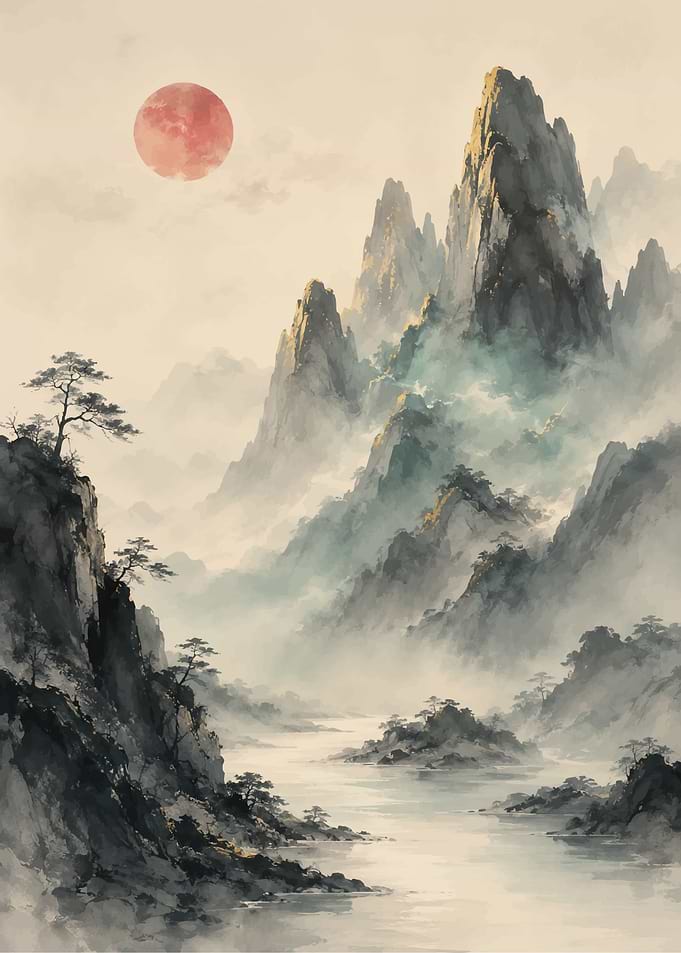 Misty Mountain Landscape with Red Sun