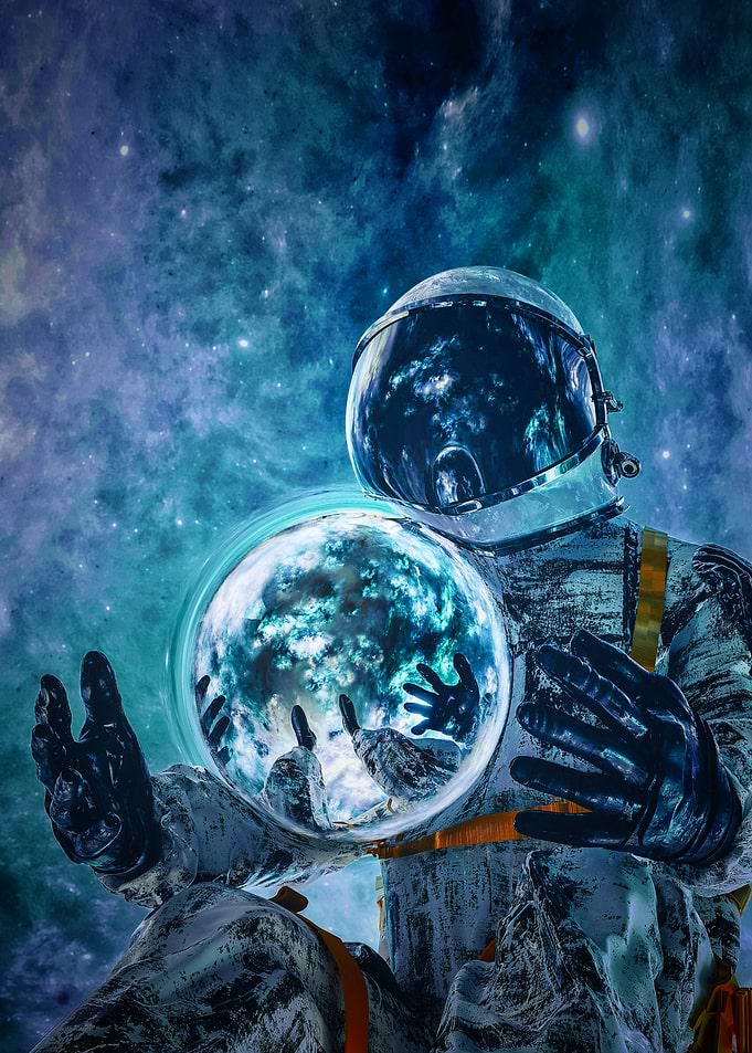 Astronaut Holding a Glowing Nebula Sphere