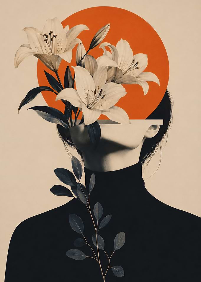 Surreal Floral Portrait with Orange Sun
