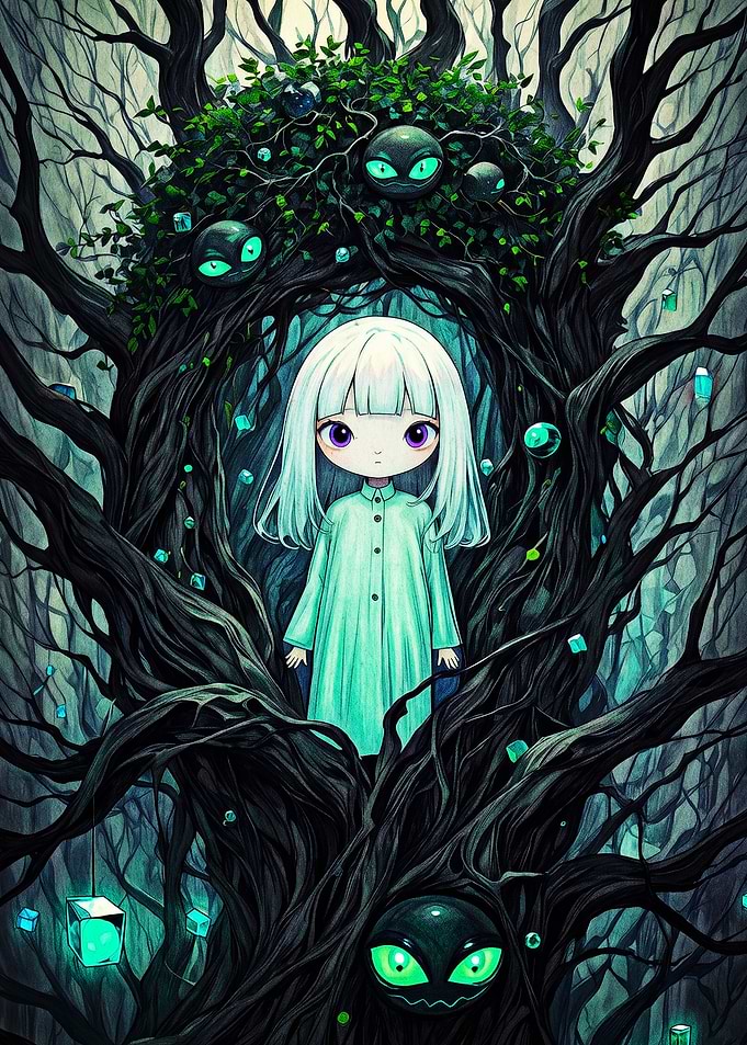 Chibi Girl in Enchanted Dark Forest