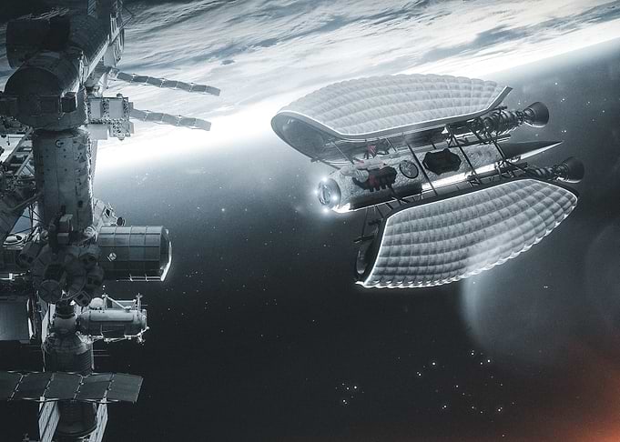 Futuristic Spacecraft Near Orbital Station
