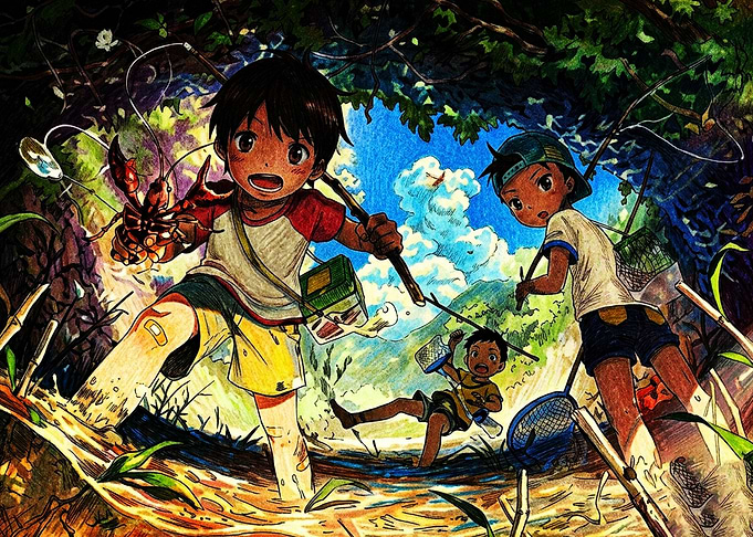 Three Boys Catching Crayfish in Summer