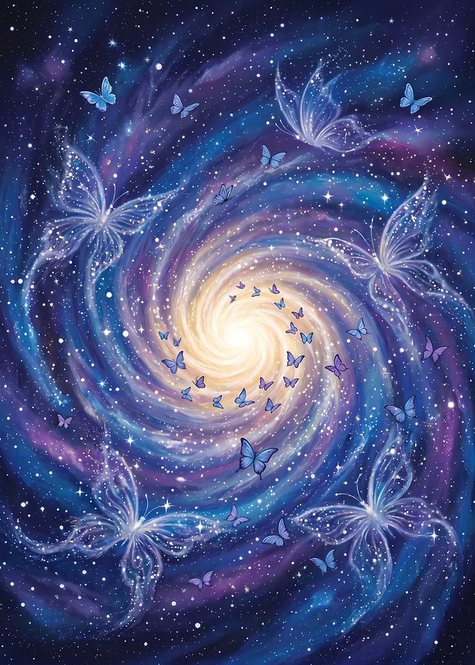 Cosmic Spiral with Glowing Butterflies