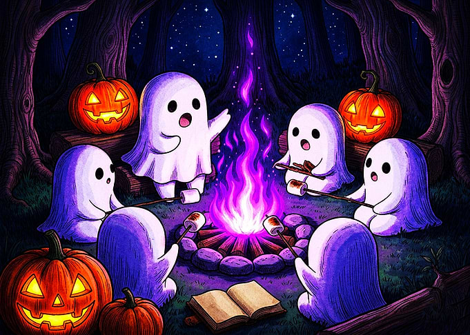 Cute Ghosts Camping Around Purple Fire