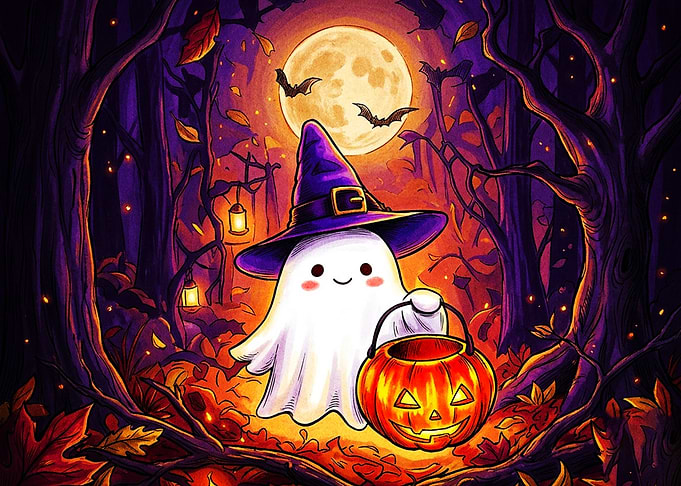 Cute Ghost with Pumpkin in Forest