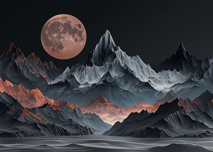 Surreal Mountain Landscape Under Full Moon