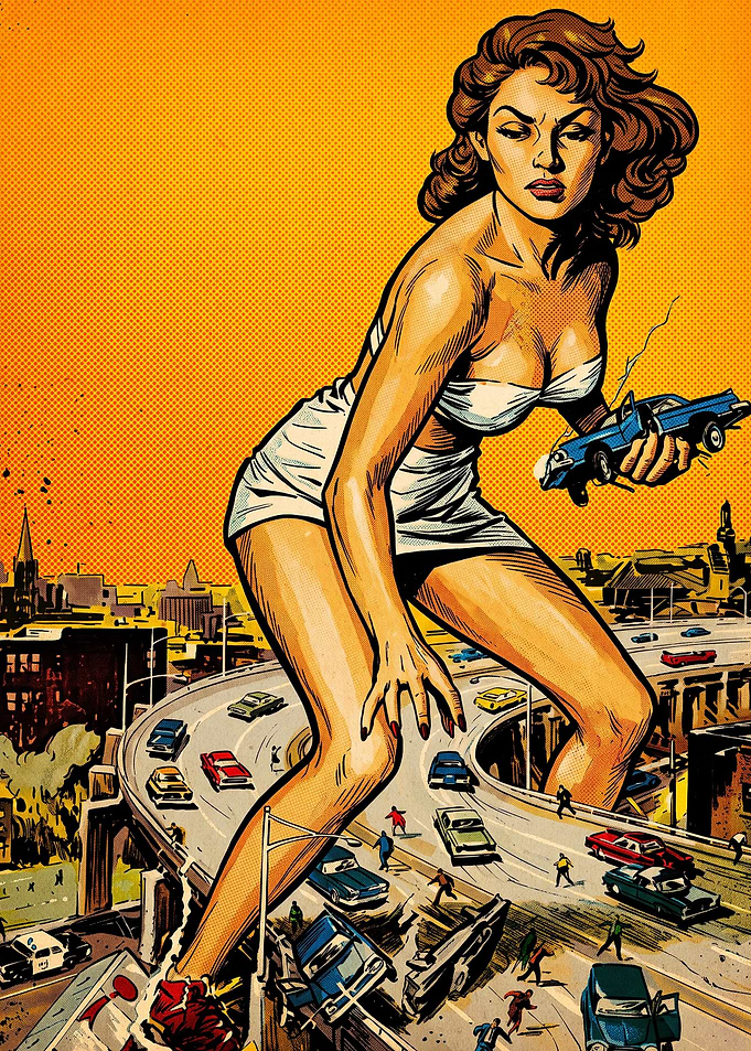 Giant Woman Attacking City Highway