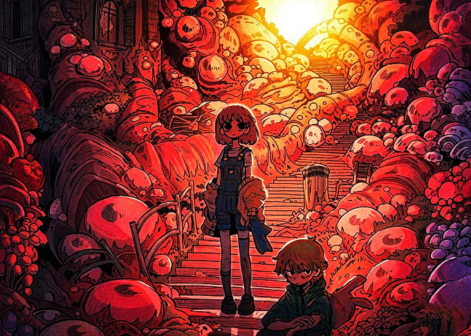 Anime characters on surreal mushroom stairs