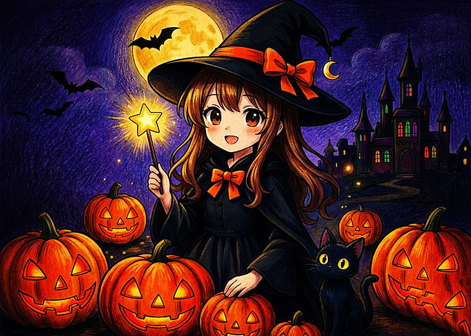 Cute Anime Witch Halloween Illustration