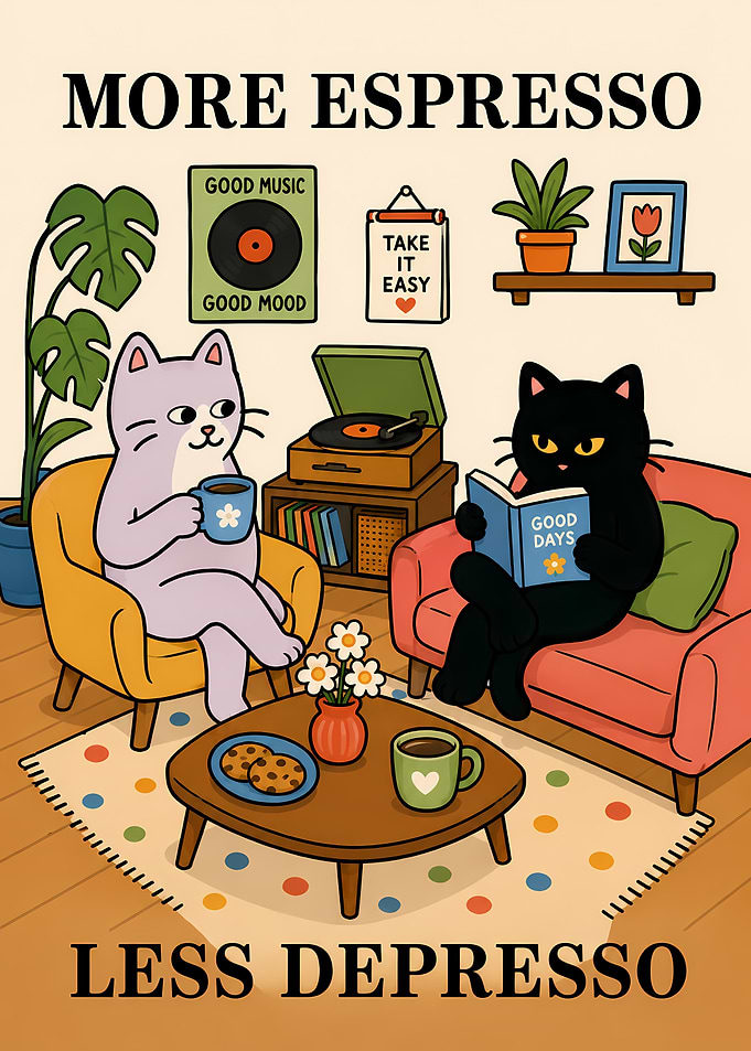 More Espresso Less Depresso Cat Illustration
