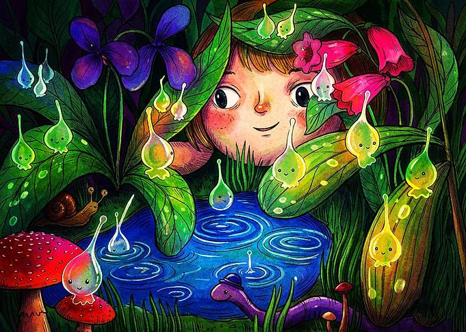 Girl Watching Glowing Forest Spirits