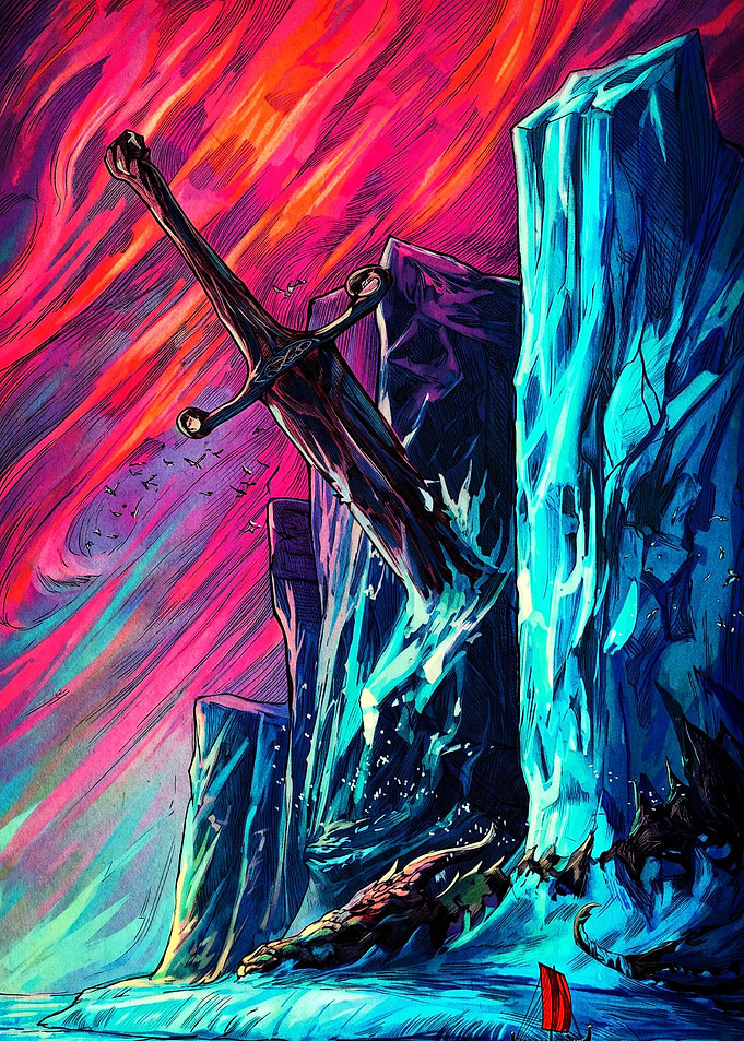 Giant Sword in Icy Landscape