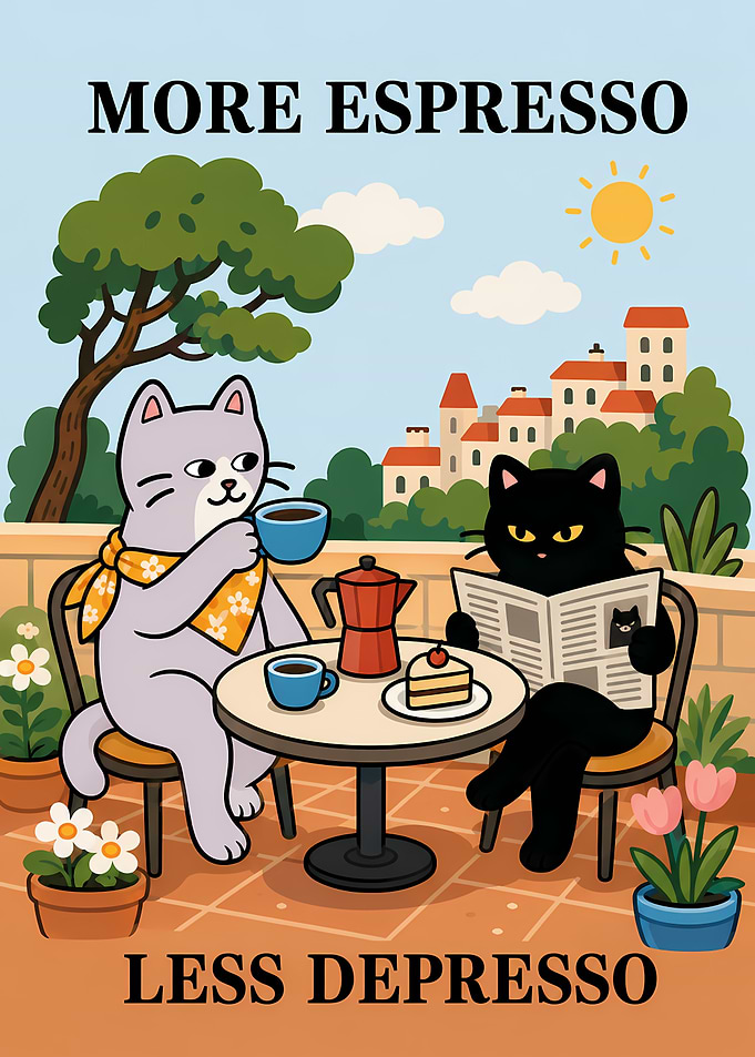 Cats Drinking Espresso Cafe Illustration