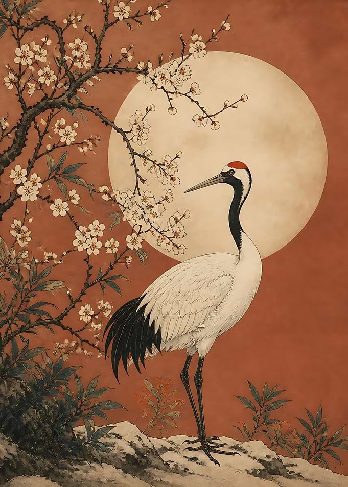 Red-Crowned Crane and Cherry Blossoms