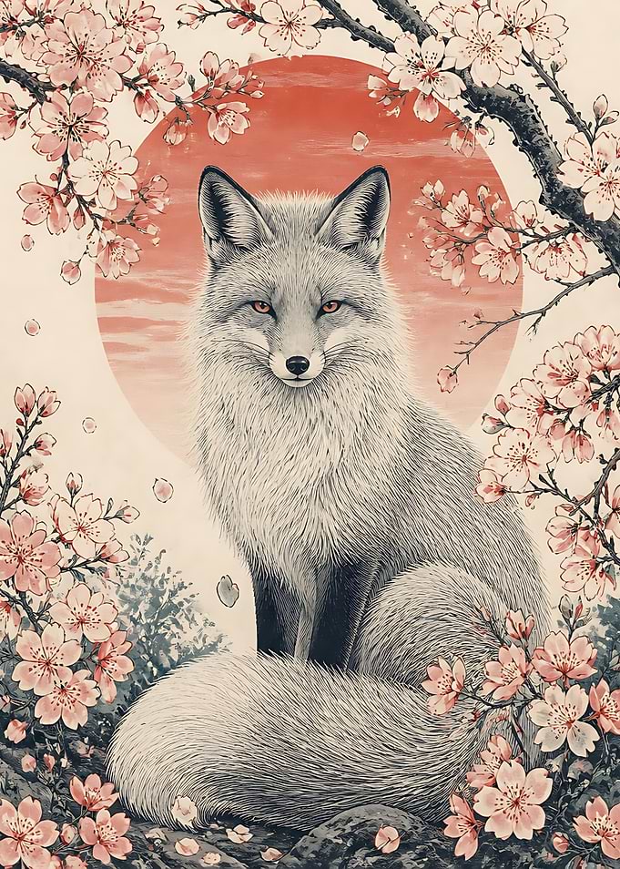 Elegant Fox Amidst Cherry Blossoms