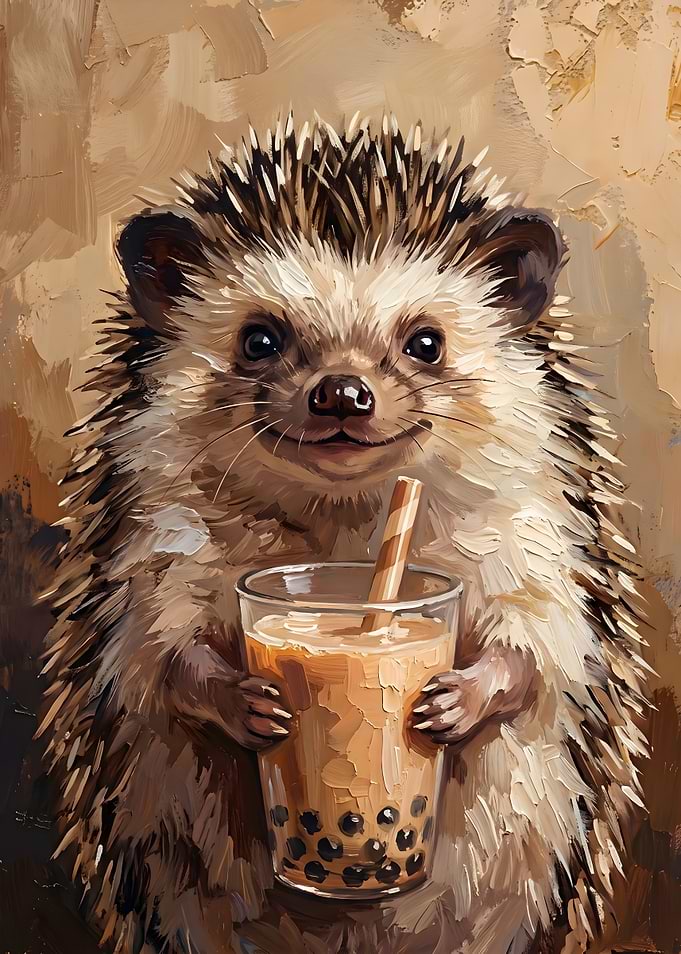 Hedgehog Drinking Boba Tea Painting