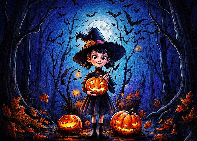 Cute Little Witch with Jack-o'-lanterns