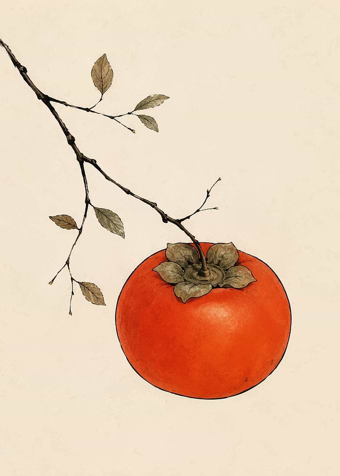 Single Ripe Persimmon on Branch
