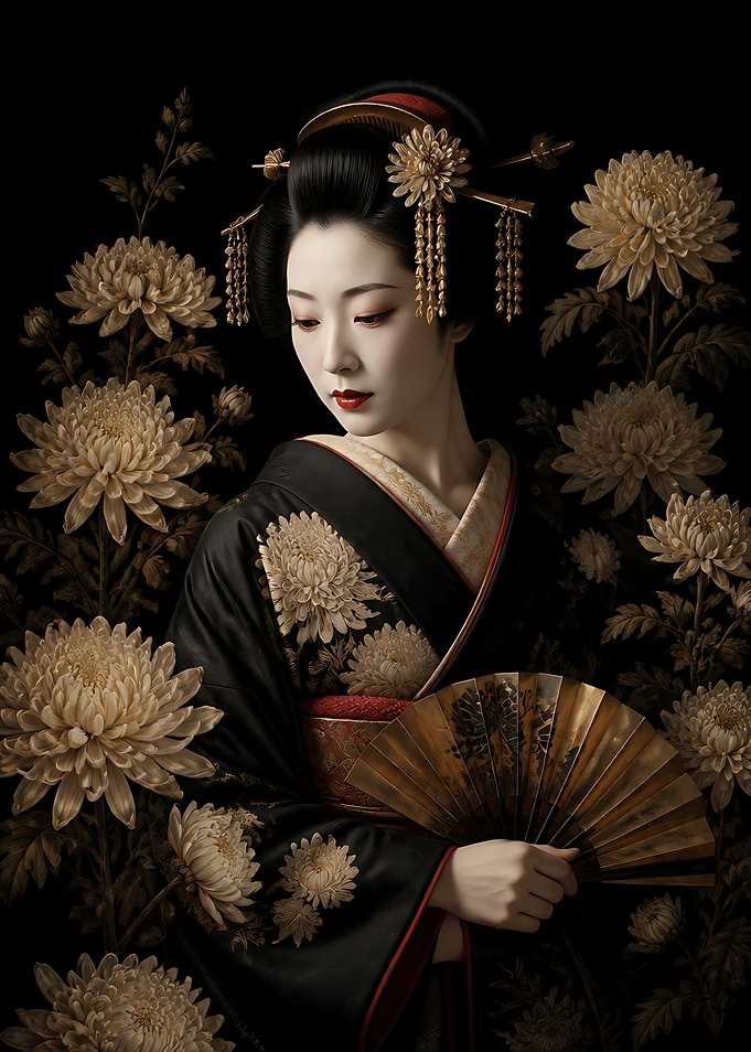 Elegant Geisha with Golden Chrysanthemums